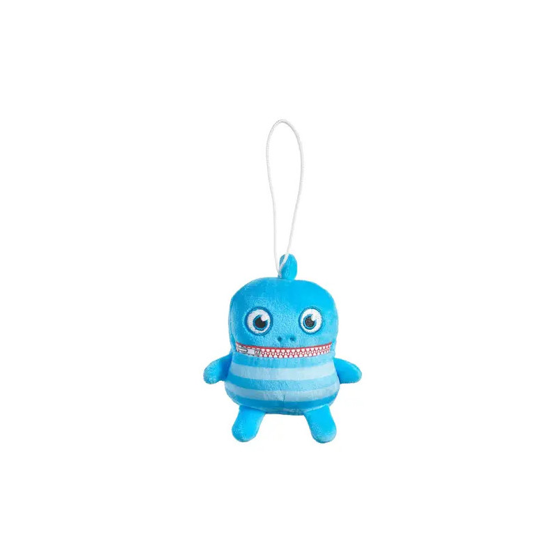 Kleines blaues Plüschtier mit Zipper-Mund, runden Augen und einer Schlaufe am Kopf.