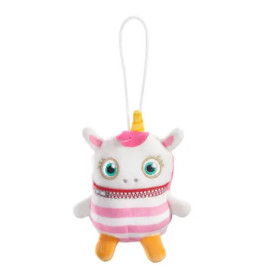 Plüsch-Einhorn-Schlüsselanhänger mit großen Augen, pinken Streifen, gelbem Horn und Aufhängeschlaufe.