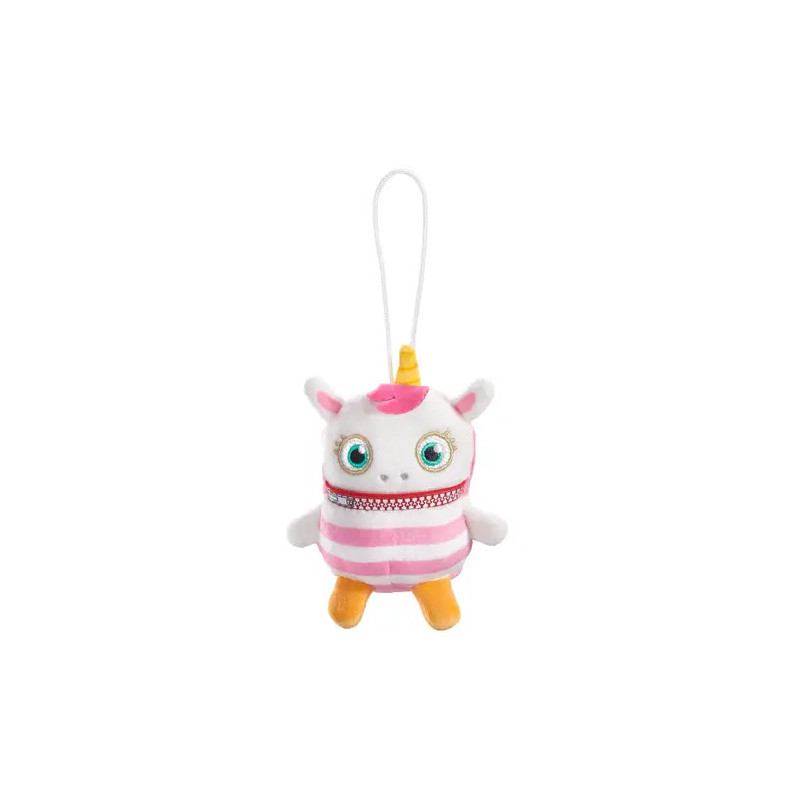 Plüsch-Einhorn-Schlüsselanhänger mit großen Augen, pinken Streifen, gelbem Horn und Aufhängeschlaufe.