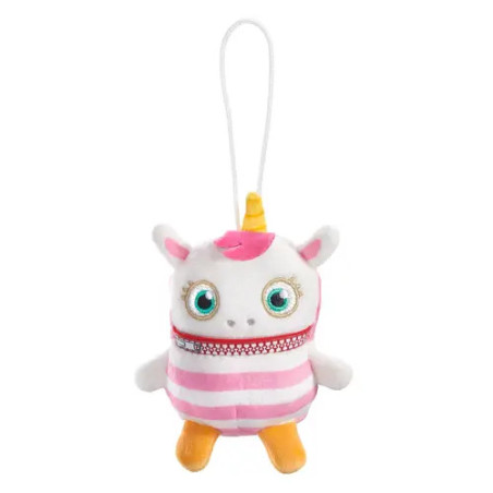 Plüsch-Einhorn-Schlüsselanhänger mit großen Augen, pinken Streifen, gelbem Horn und Aufhängeschlaufe.