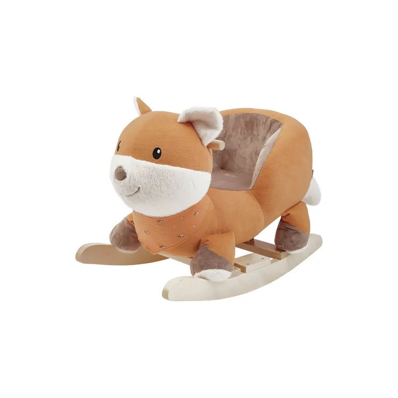 Plüschiger Schaukelstuhl für Kinder in Fuchsform mit Holz-Kufen und weichem Sitz.