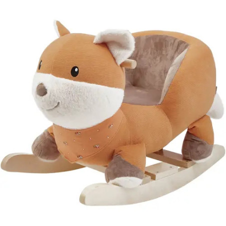 Plüschiger Schaukelstuhl für Kinder in Fuchsform mit Holz-Kufen und weichem Sitz.