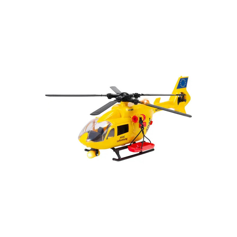 Gelber Spielzeug-Rettungshubschrauber mit schwarzen Rotorblättern und roter Ausrüstung, freigestellt vor weißem Hintergrund.