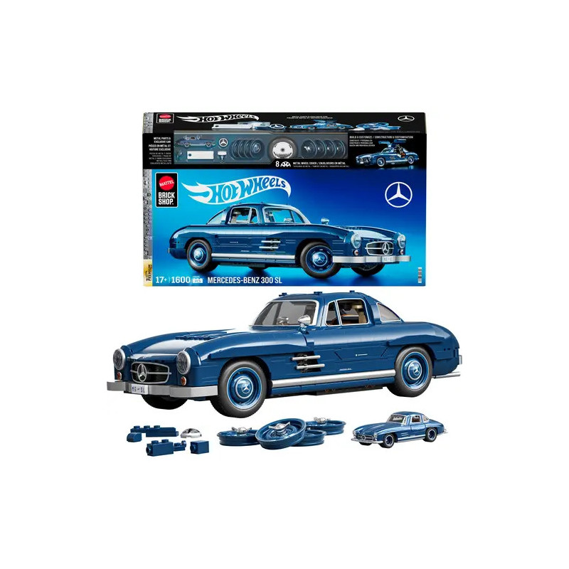 Hot Wheels Mercedes-Benz 300SL Modellbausatz mit Auto, Teilen und Verpackung auf weißem Hintergrund.