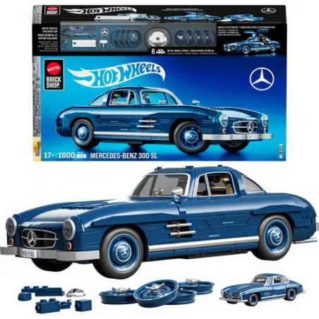 Hot Wheels Mercedes-Benz 300SL Modellbausatz mit Auto, Teilen und Verpackung auf weißem Hintergrund.