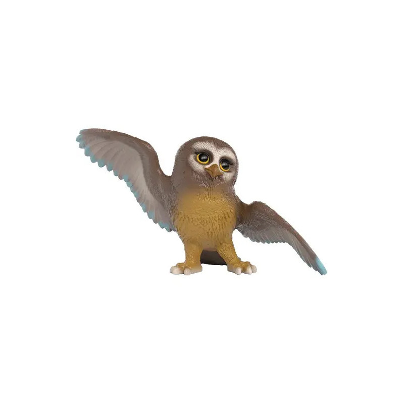 Eine Eulenfigur aus Spielzeug, braun-gelb gefärbt, mit erhobenem Flügel und neugierigem Gesichtsausdruck.