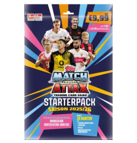 Match Attax 2025/26 Starterpack mit Fußballspielern vor farbenfrohem, dynamischem Hintergrund.