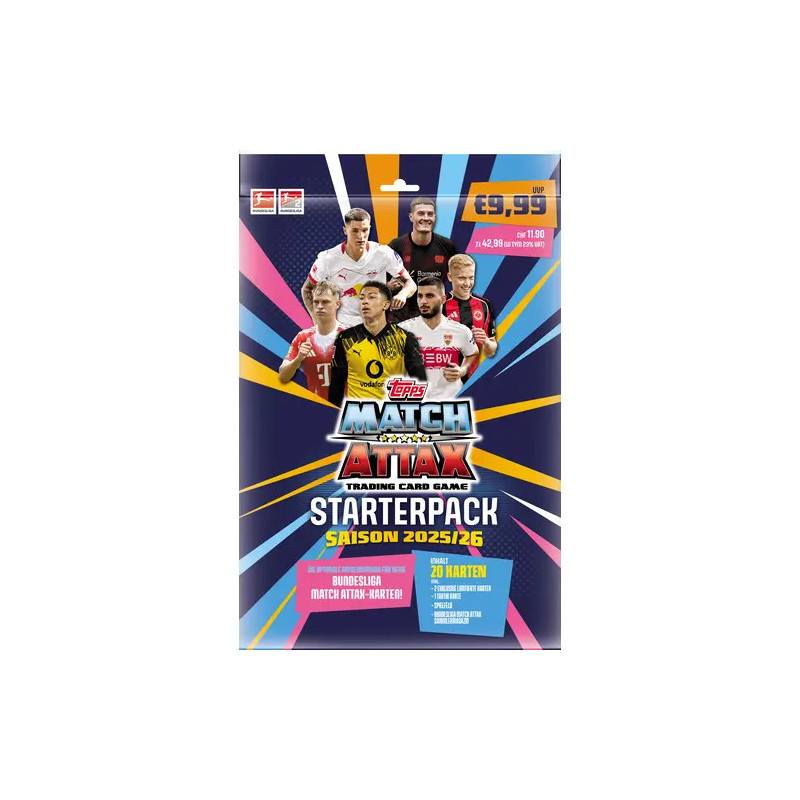 Match Attax 2025/26 Starterpack mit Fußballspielern vor farbenfrohem, dynamischem Hintergrund.