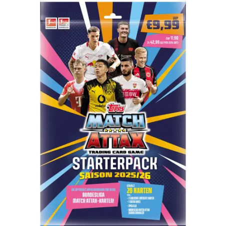 Match Attax 2025/26 Starterpack mit Fußballspielern vor farbenfrohem, dynamischem Hintergrund.