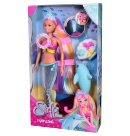 Steffi Love Meerjungfrau-Puppe mit langem Haar, Delfin und Zubehör in bunter Verpackung.