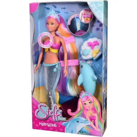 Steffi Love Meerjungfrau-Puppe mit langem Haar, Delfin und Zubehör in bunter Verpackung.
