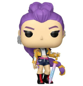 Funko Pop mit lila Haaren, lila Augenbrauen, buntem Outfit und einem rosa-blauen Schwert in der Hand.