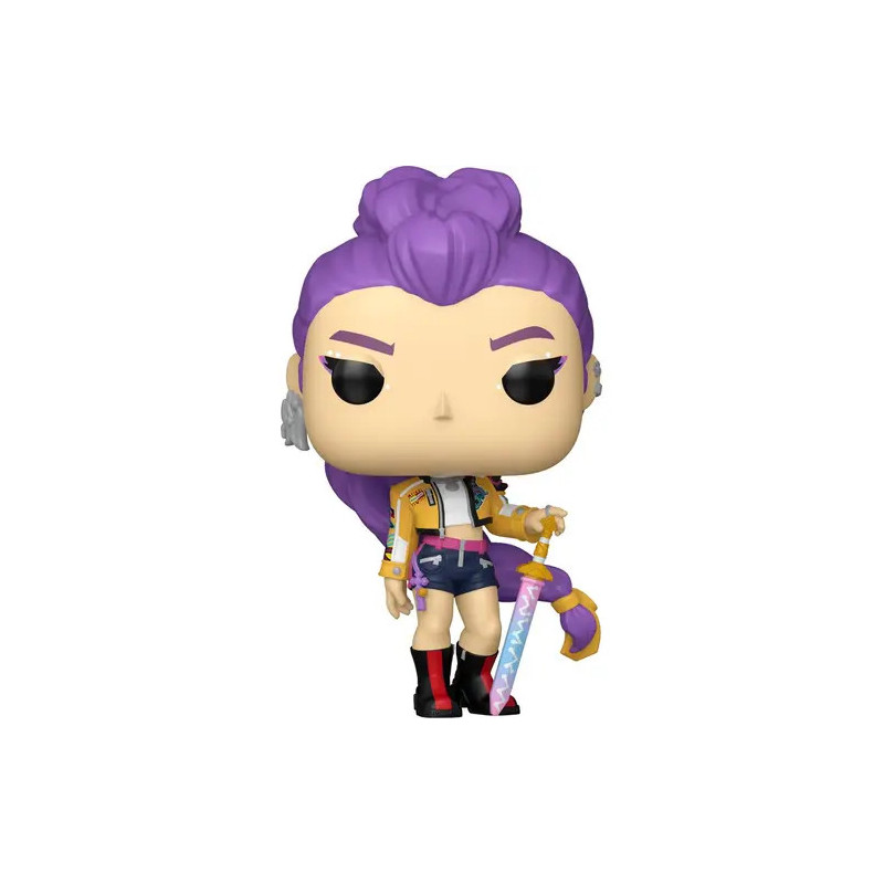 Funko Pop mit lila Haaren, lila Augenbrauen, buntem Outfit und einem rosa-blauen Schwert in der Hand.