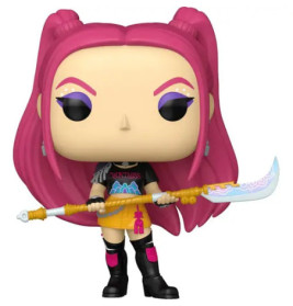 Funko Pop Figur mit langem pinkem Haar, gebogenem Schwert, schwarzen Stiefeln und Rock.