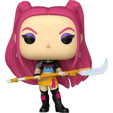 Funko Pop Figur mit langem pinkem Haar, gebogenem Schwert, schwarzen Stiefeln und Rock.