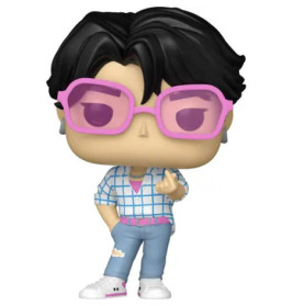 Vinylfigur mit schwarzen Haaren, rosa Brille, kariertem Hemd, zerrissenen Jeans und weißen Sneakern vor weißem Hintergrund.