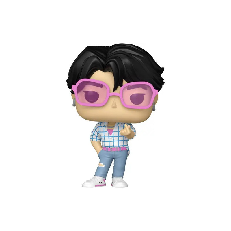Vinylfigur mit schwarzen Haaren, rosa Brille, kariertem Hemd, zerrissenen Jeans und weißen Sneakern vor weißem Hintergrund.
