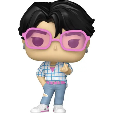 Vinylfigur mit schwarzen Haaren, rosa Brille, kariertem Hemd, zerrissenen Jeans und weißen Sneakern vor weißem Hintergrund.