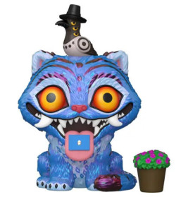 Blaue Cheshire-Cat-Figur mit großen Augen, Vogel mit Hut auf dem Kopf und kleinem Blumentopf daneben.