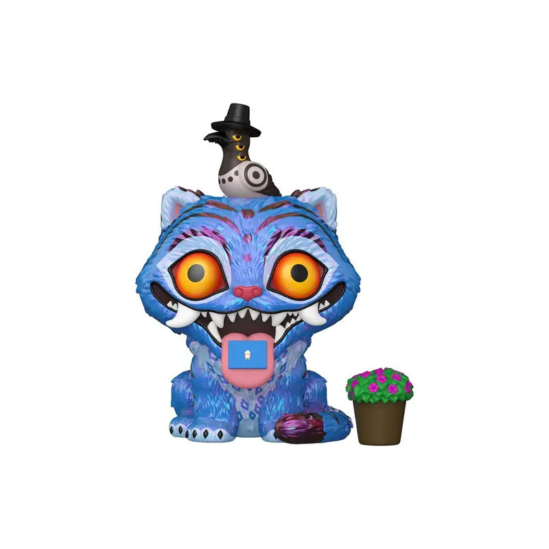 Blaue Cheshire-Cat-Figur mit großen Augen, Vogel mit Hut auf dem Kopf und kleinem Blumentopf daneben.