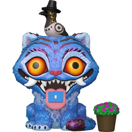 Blaue Cheshire-Cat-Figur mit großen Augen, Vogel mit Hut auf dem Kopf und kleinem Blumentopf daneben.