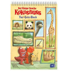 Deutsches Kinderquizbuch: Tiere, ein roter Drache und ein Stachelschwein betrachten gemeinsam Tierbilder auf dem Cover.