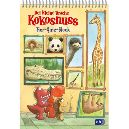 Deutsches Kinderquizbuch: Tiere, ein roter Drache und ein Stachelschwein betrachten gemeinsam Tierbilder auf dem Cover.