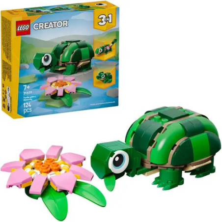 LEGO Creator 3-in-1 Set mit Schildkrötenmodell und rosa Blume, Verpackung im Hintergrund.