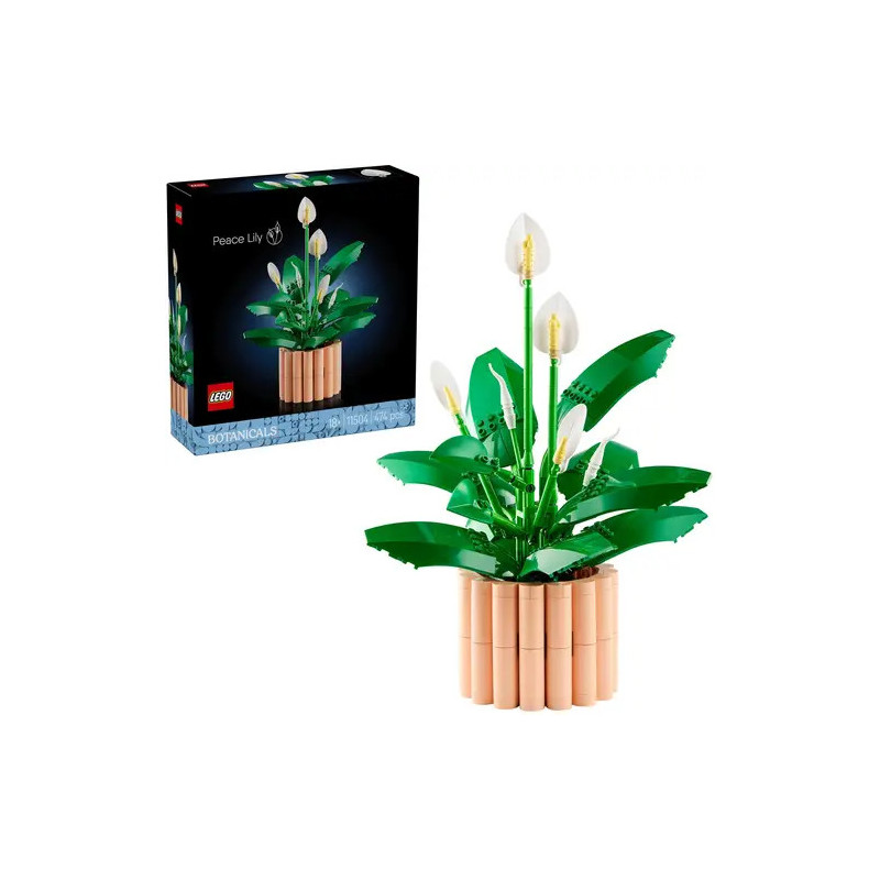 LEGO Friedenslilien-Set mit Box und aufgebauter Pflanze, grünen Blättern, weißen Blüten und beigem Topf.