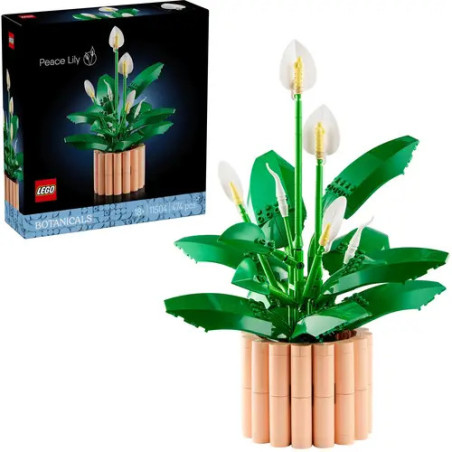LEGO Friedenslilien-Set mit Box und aufgebauter Pflanze, grünen Blättern, weißen Blüten und beigem Topf.