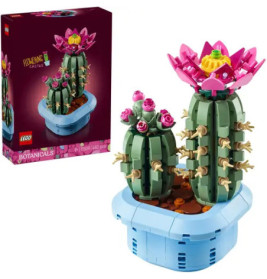 LEGO Botanisches Set mit zwei Kakteen und pinken Blüten neben der Produktbox vor weißem Hintergrund.