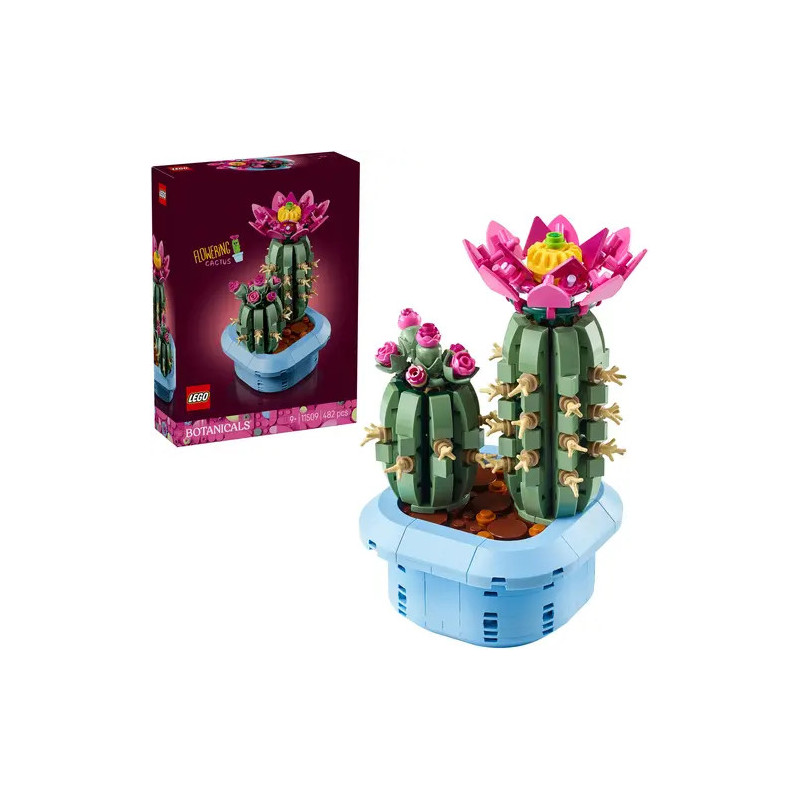 LEGO Botanisches Set mit zwei Kakteen und pinken Blüten neben der Produktbox vor weißem Hintergrund.