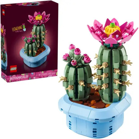 LEGO Botanisches Set mit zwei Kakteen und pinken Blüten neben der Produktbox vor weißem Hintergrund.