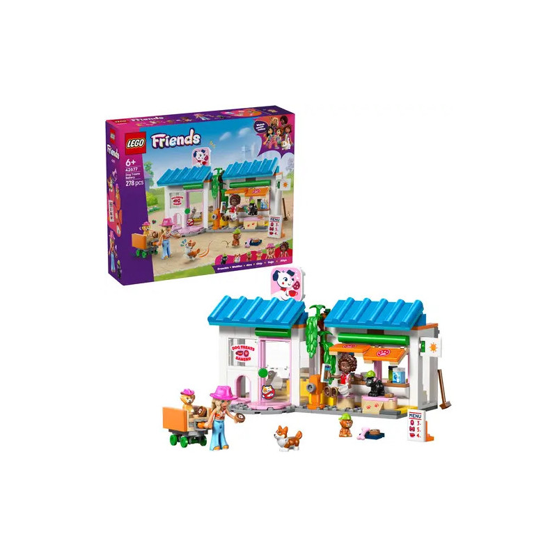 LEGO Friends Set mit Tierklinik, Tierfiguren, Minifiguren und der Setverpackung im Hintergrund.
