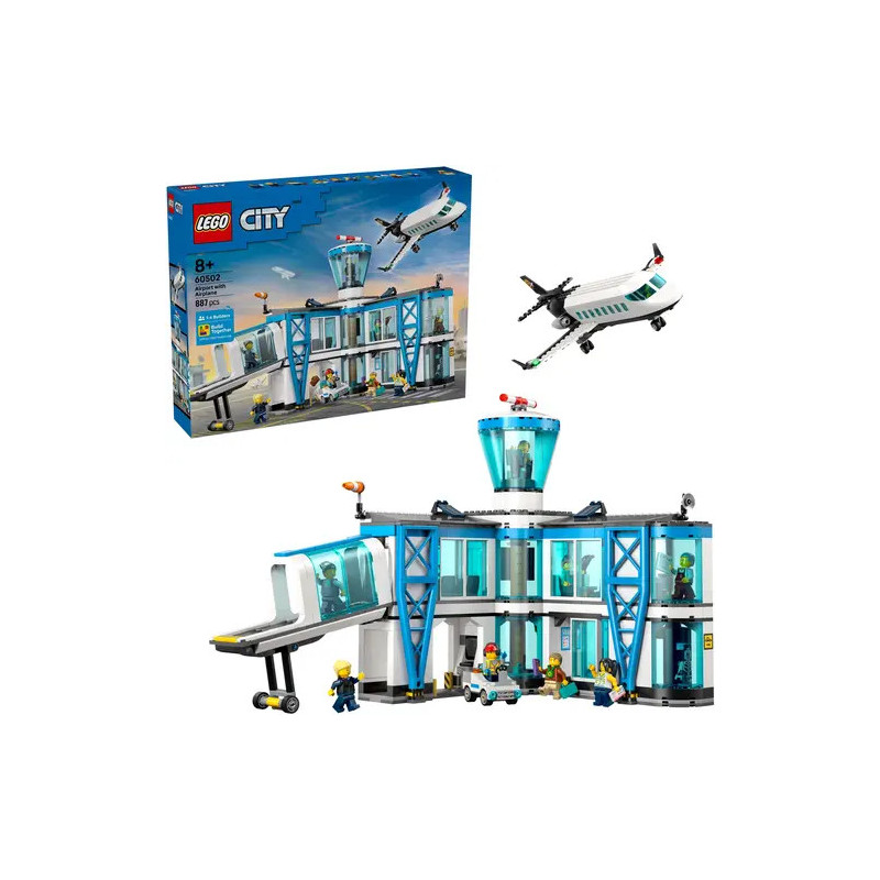 LEGO City Flughafen-Set mit Terminal, Tower, Flugzeug, Figuren und Verpackung im Hintergrund.