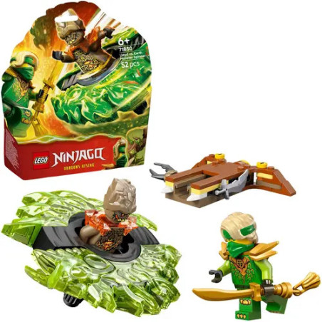 LEGO Ninjago Set mit grünem Ninja, drehbarer Plattform, Waffe und Verpackung.