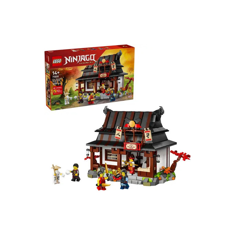 LEGO Ninjago Set mit Tempel, Minifiguren und Verpackung im Hintergrund.