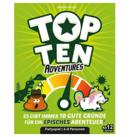 Grüne Top Ten Adventures Spielschachtel mit Comic-Kot, Einhorn, Drehscheibe und deutschem Text unten.