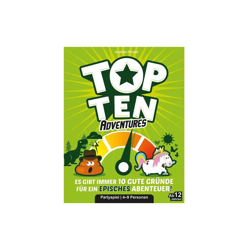 Grüne Top Ten Adventures Spielschachtel mit Comic-Kot, Einhorn, Drehscheibe und deutschem Text unten.