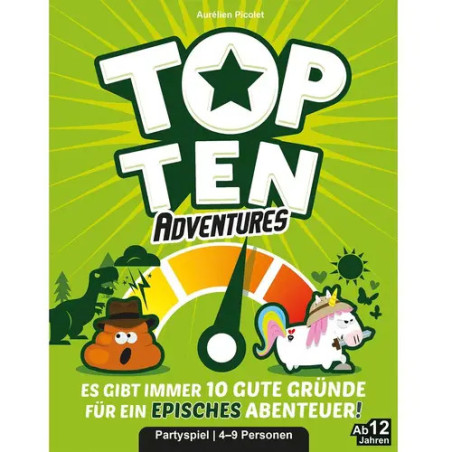 Grüne Top Ten Adventures Spielschachtel mit Comic-Kot, Einhorn, Drehscheibe und deutschem Text unten.