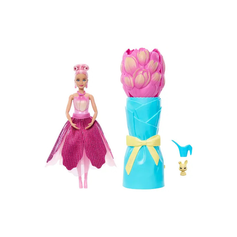 Eine Puppe im rosa Kleid mit blumenförmigem Etui, ein kleines gelbes Kaninchen und eine blaue Gießkanne.
