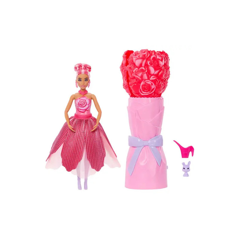 Puppe im rosa Kleid mit Blumen, dazu ein Blütenbehälter, ein Schuh und eine kleine Hasenfigur.