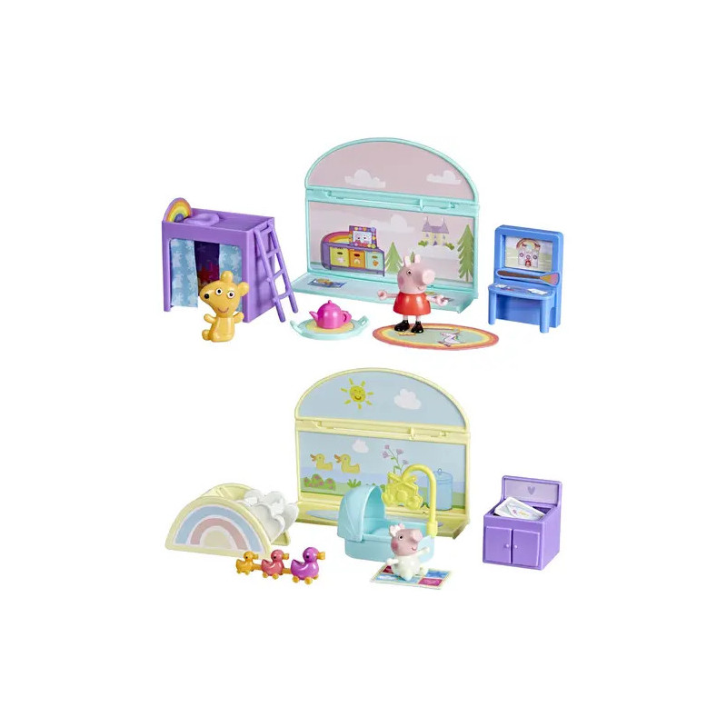 Zwei Peppa Pig-Spielsets mit Figuren, Möbeln und Zubehör wie Bett, Klavier und Spielplatz.