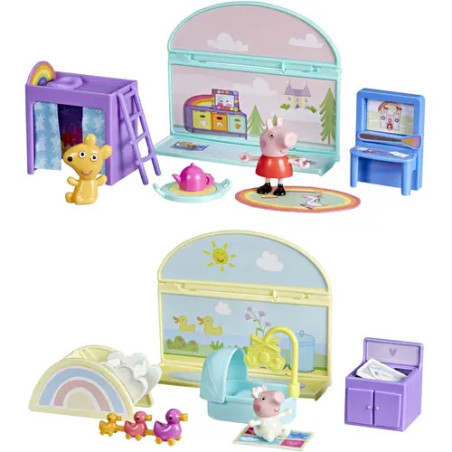 Zwei Peppa Pig-Spielsets mit Figuren, Möbeln und Zubehör wie Bett, Klavier und Spielplatz.