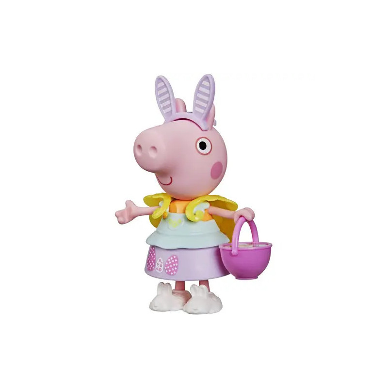 Ein rosa Schweine-Spielzeug mit gelbem Umhang, pastellfarbenem Kleid und lila Korb in der Hand.