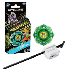 Beyblade X Verpackung, grüner Beyblade-Kreisel und weißer Launcher mit schwarzem Reißleine auf weißem Hintergrund.