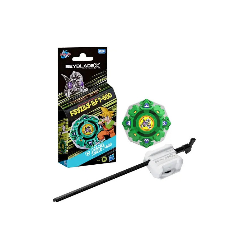 Beyblade X Verpackung, grüner Beyblade-Kreisel und weißer Launcher mit schwarzem Reißleine auf weißem Hintergrund.