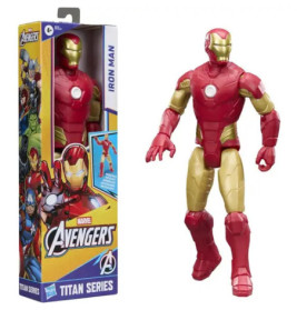 Iron Man Action-Figur der Marvel Avengers Titan Series mit Verpackung, auf der Avengers-Charaktere abgebildet sind.