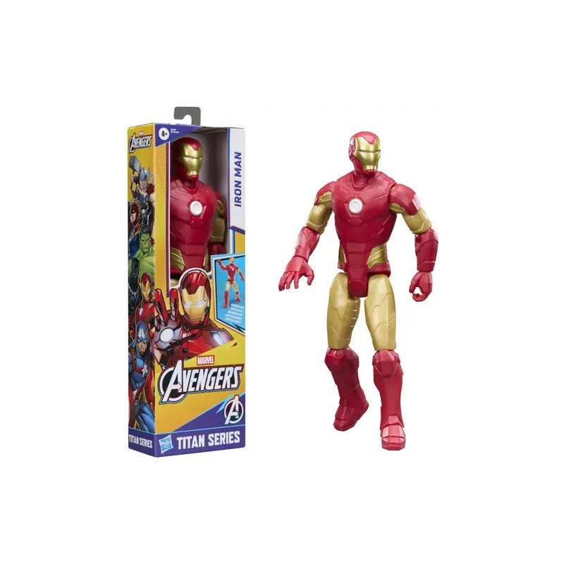 Iron Man Action-Figur der Marvel Avengers Titan Series mit Verpackung, auf der Avengers-Charaktere abgebildet sind.