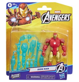 Iron Man Avengers Actionfigur in Verpackung mit blauen Zubehörteilen und Marvel-Logo.